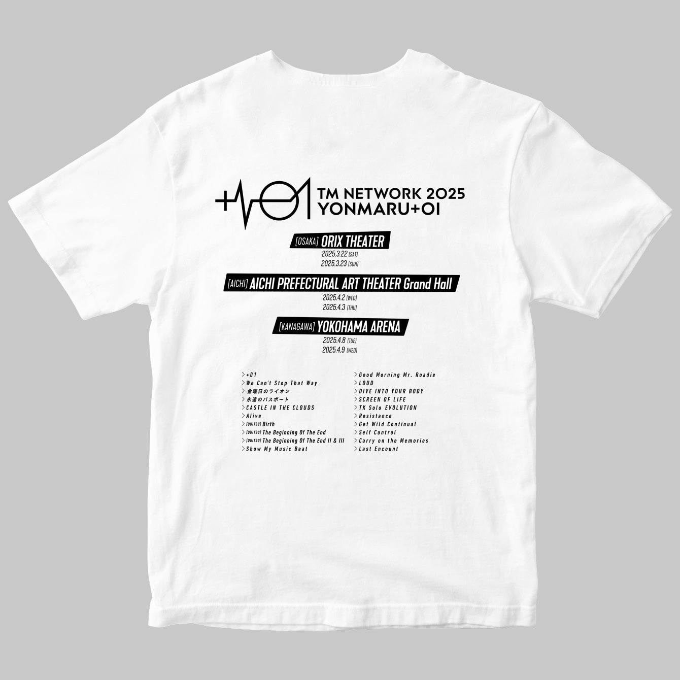 【期間限定:2025年5月25日まで】TM NETWORK 2025 YONMARU+01セットリストTシャツ